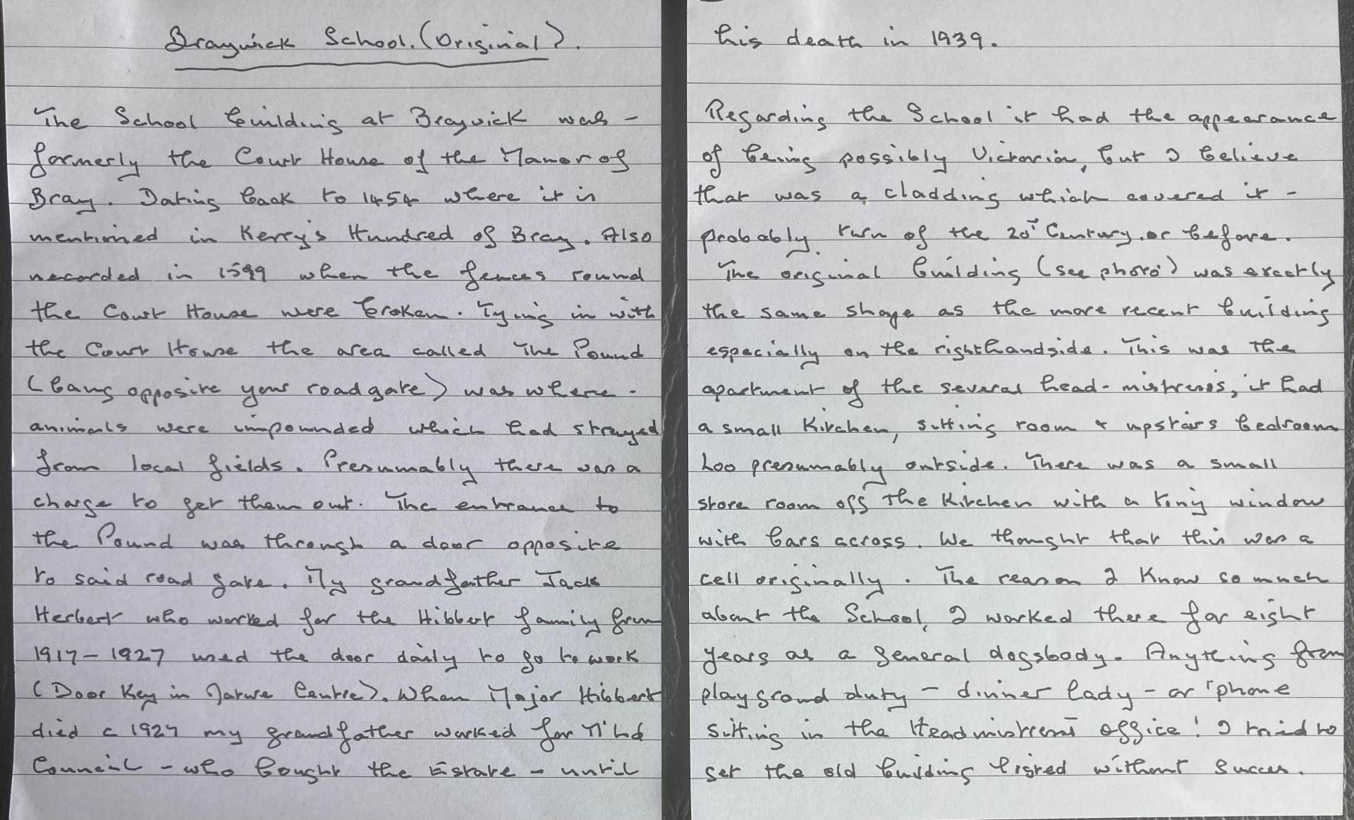 Mrs Lilley's notes about Braywick Court School